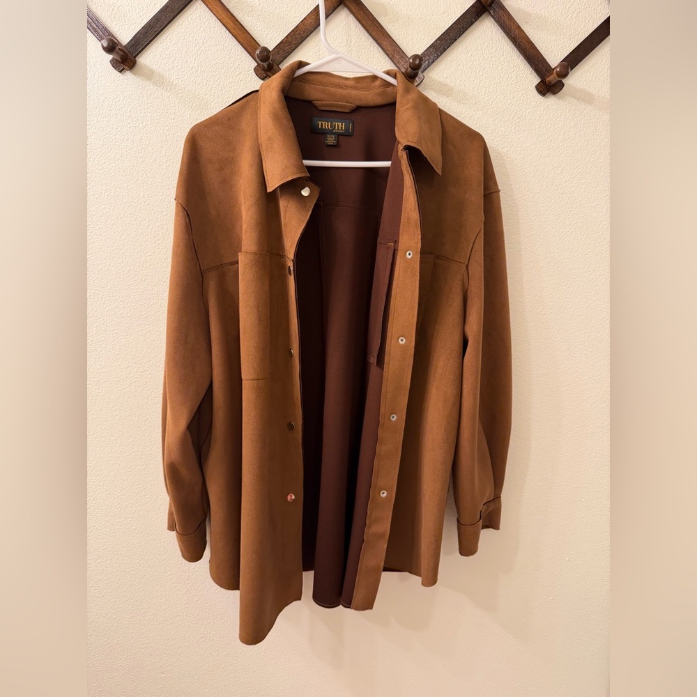 TRUTH by Republic Faux Vegan Suede Shacket Jacket - Brown - Plus Size 1x
